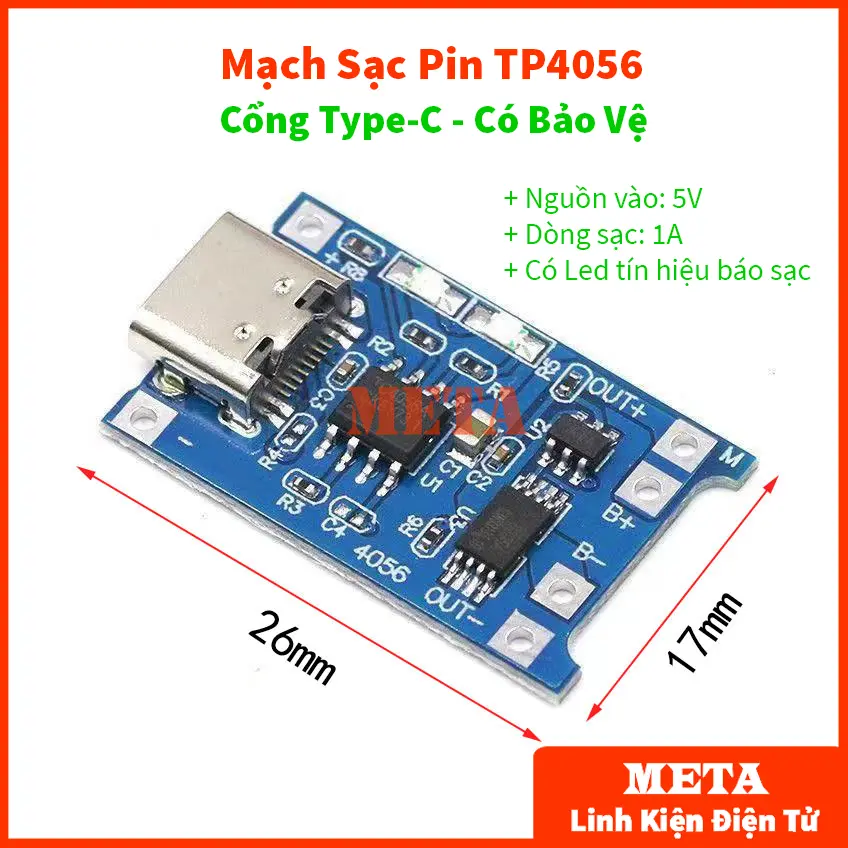 Mạch Sạc Pin TP4056 Cổng TYPE-C USB Có bảo vệ - Mạch Sạc Pin Lithium - Li-ion - 18650 TP4056