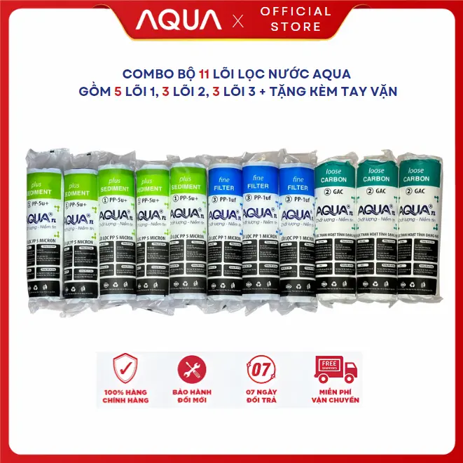 COMBO BỘ 11 LÕI LỌC NƯỚC AQUA 123 CHÍNH HÃNG - TẶNG TAY THÁO LẮP DÙNG ĐƯỢC CHO MỌI MÁY LỌC NƯỚC GIA ĐÌNH