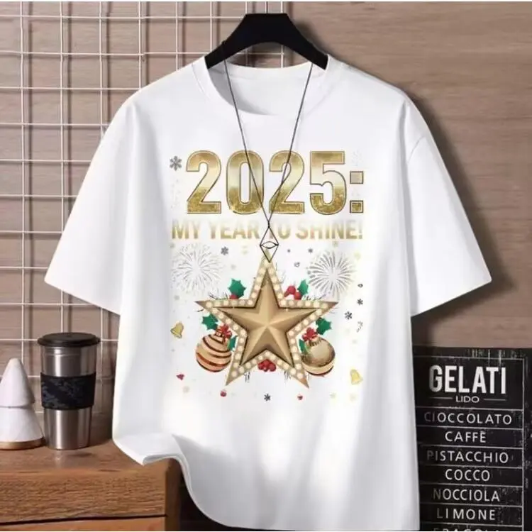 Men'S T Shirts 2025 Happy New Year Short Sleeved Tops Casual Comfortable Family Shirts Set Outdoor Round Neck Jersey