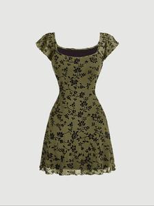 Vestido de mujer con estampado floral, escote cuadrado y dobladillo con volantes, vestido corto informal de manga corta estilo Y2k para el día a día, ropa de mujer para todas las temporadas