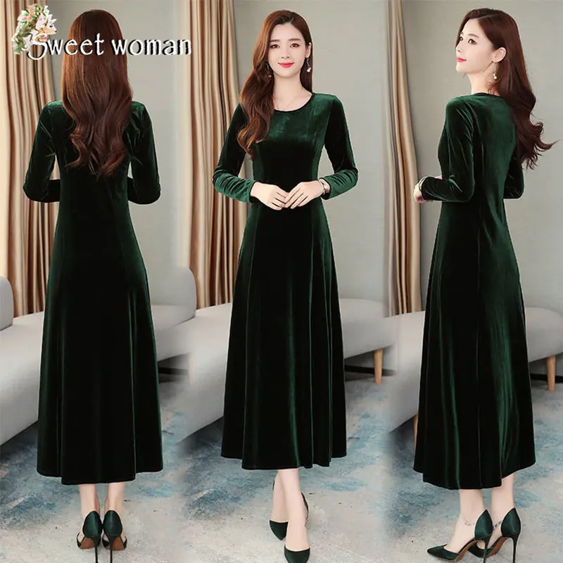 Váy Nhung Vàng, Ngoại Cỡ, Thanh Lịch, Váy Dài, Thích Hợp Cho Mùa Thu Và Mùa Đông, Hàng Mới Về Nữ Women Dress Voi