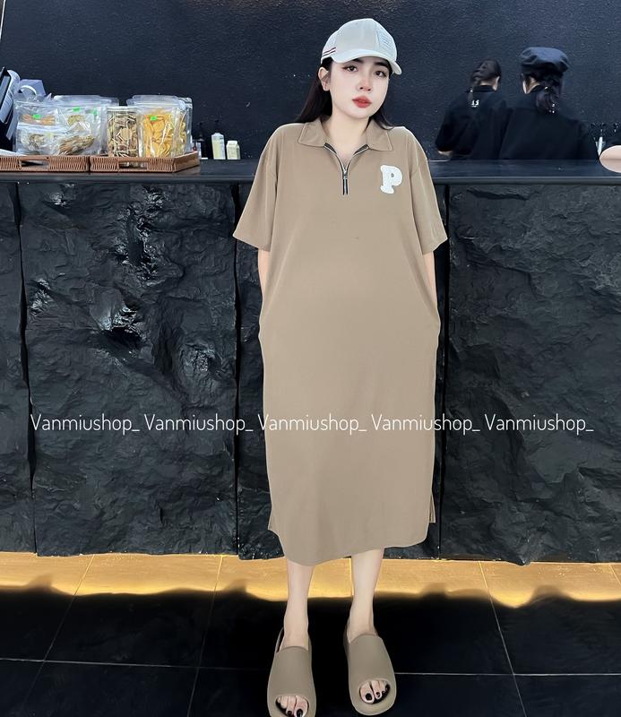 Vanmiushop Váy Suông Nữ Đầm Thun Cotton Tổ Ong Khoá Cổ Túi Eo Form Rộng Freesize