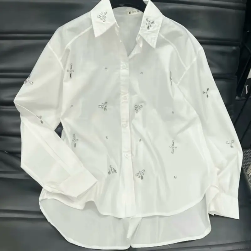 Áo sơ mi thô đính đá khâu tay tỉ mỉ 2 màu Có Cổ Nữ Women - Thương hiệu uy tín Shirt Top 0
