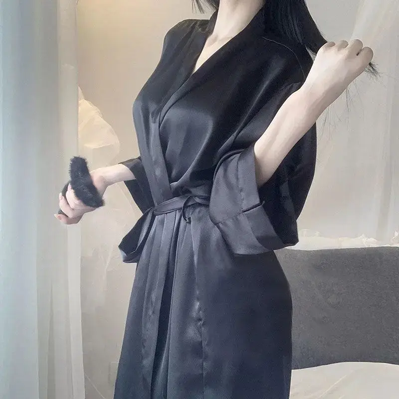 Váy Ngủ Mùa Mùa Xuân Và Mùa Thu, Phong Cách Hàn Quốc, Đồ Ngủ Lụa Lạnh Cho Nữ, Mỏng Mùa Hè, Màu Trắng Nhật Bản, Áo Choàng Tắm Quý Cô Trẻ Trung Gợi Cảm, Dáng Rộng Vừa Vặn, Đồ Mặc Nhà 3