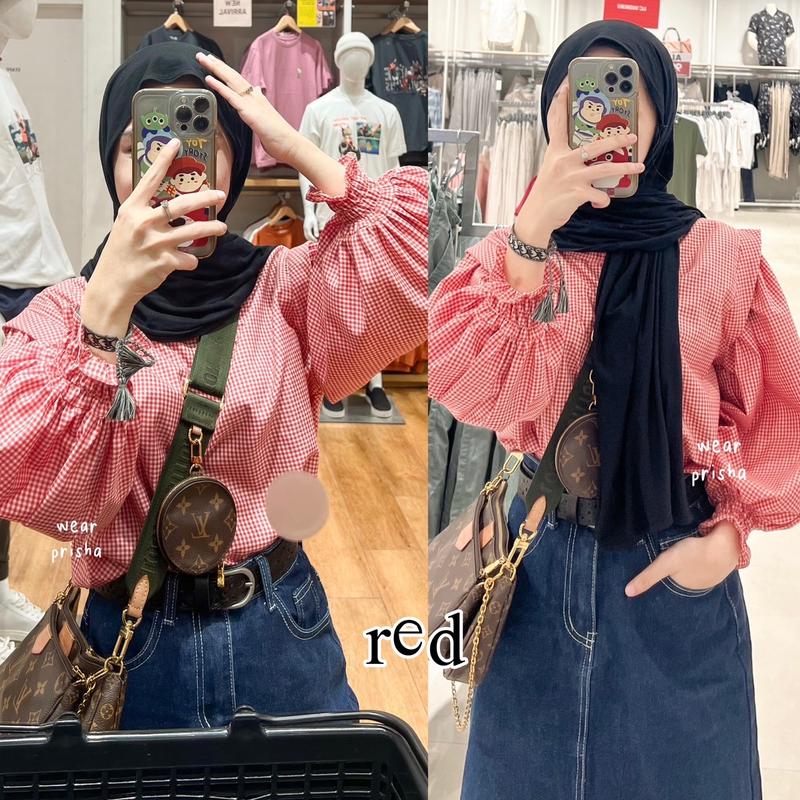 [WEAR PRISHA] ARUNA GINGHAM TOP PUFFY BLOUSE | ATASAN MOTIF TARTAN KOTAK BLUS KATUN LENGAN BALON Katun Baju Wanita Panjang 6