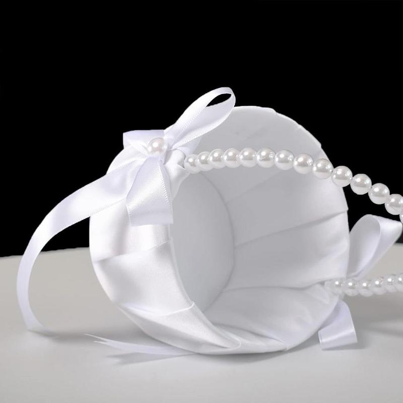 Product Introduction of Wedding Flower Basket, 1 Count Exquisite Faux Pearl Handle Flower Basket, Wedding Party Decoration Supplies for Indoor & Outdoor 7