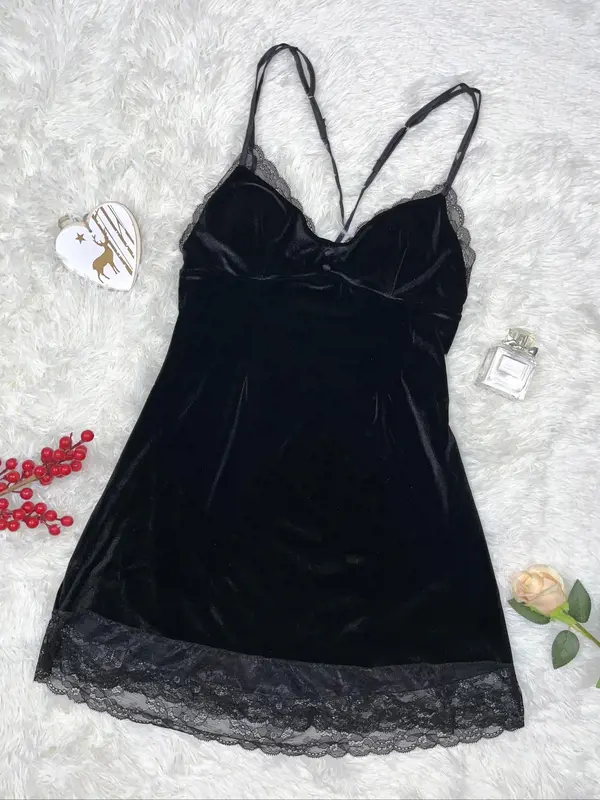 Women's Contrast Lace Criss Cross PJ Cami Nightdress, Solid Spaghetti Strap Velvet Nightgown Nighties, Bride's Night Dress, Bride's Nightgowns & Sleepshirts, Women's Sleepwear & Loungewear 0