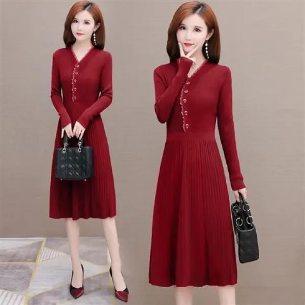 Áo Len Váy Dệt Kim, Dài Trung Bình 1.6, Dành Cho Nữ, Hàng Mới Về Thu Đông, Phổ Biến Và Thanh Lịch, Bó Sát Eo, Váy Mùa Thu, Thiết Kế Cạp Cao