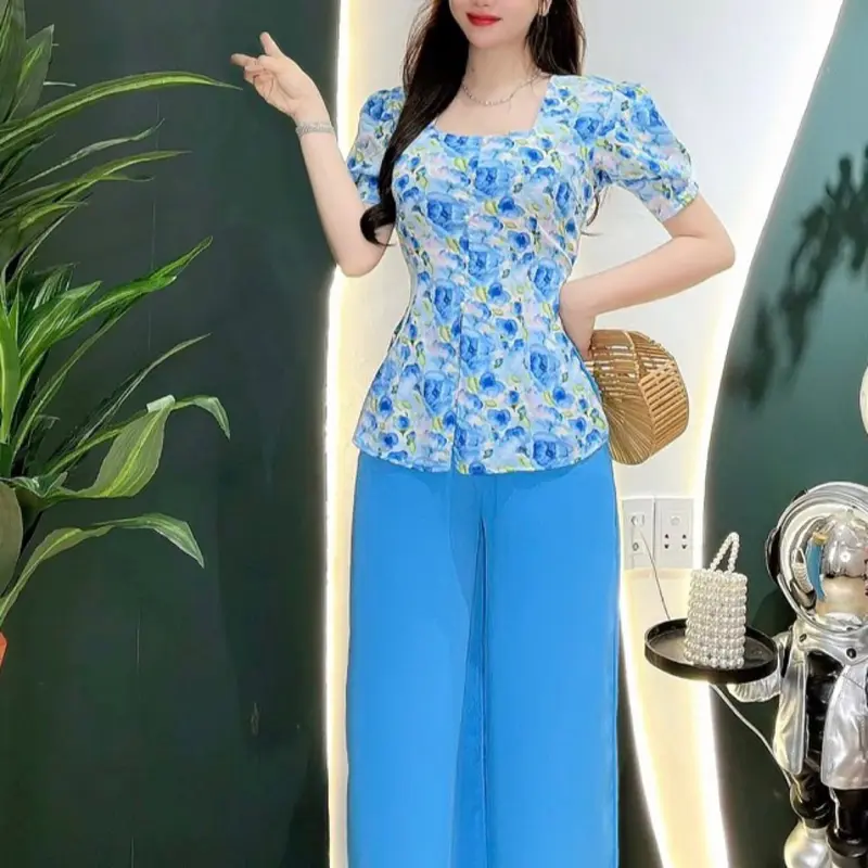 Bộ Quần Áo Bà Ba Nữ  Cổ Vuông Tay Ngắn Phồng Nút Ngọc Top 3