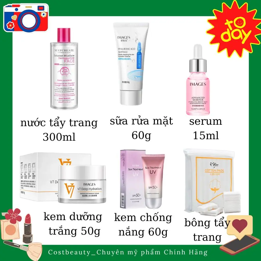Combo dưỡng sáng da cơ bản  6 món bông tẩy trang , kem V7, serum, kem chống nắng, nước tẩy trang,sữa rửa mặt Skincare