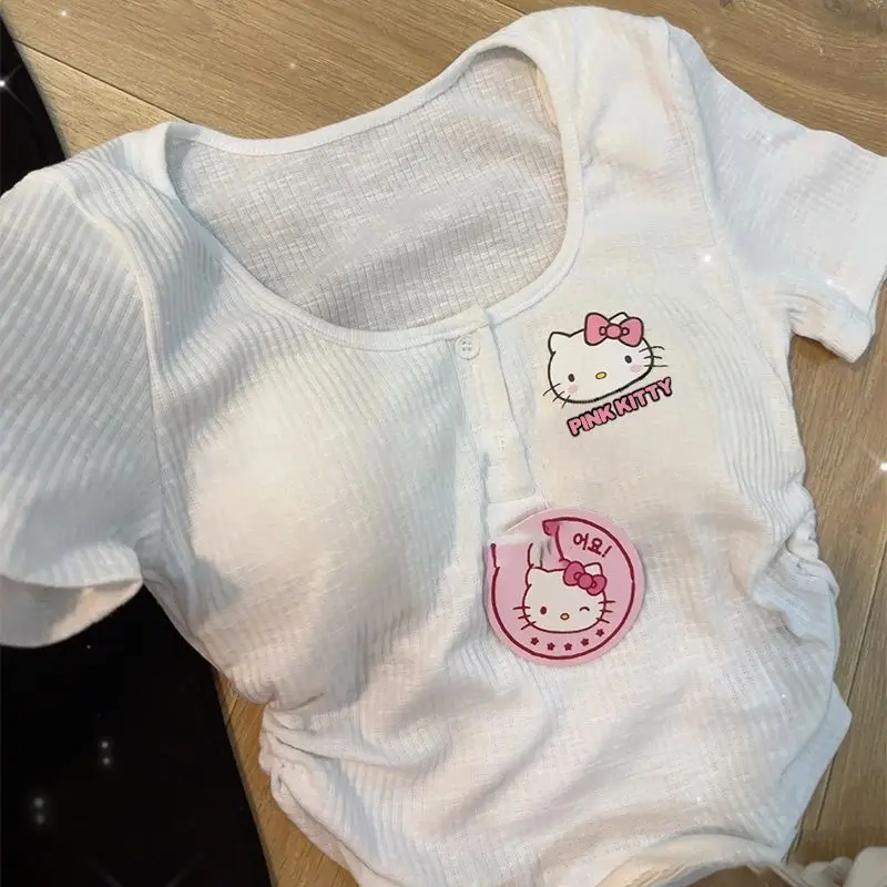 Áo ngắn Hello Kitty, Hàng Mới Về Mùa Hè, ngắn Tay, Đệm Ngực, Phong Cách Cô Gái Cô Gái, Ôm Sát, Thích Hợp Cho Nữ, Áo Ngắn
