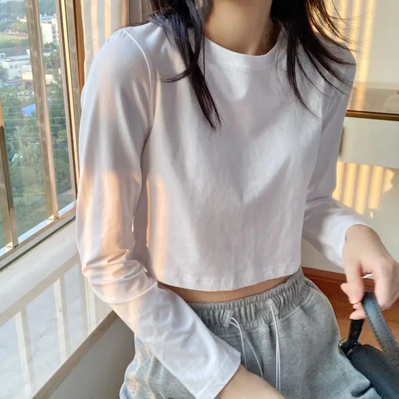 Áo Phông Dài Tay Áo Màu Trắng Cotton Nguyên Chất, Hàng Mới Về Mùa Xuân Và Mùa Thu, Áo Cropped Xén, Cạp Cao, Cổ Tròn, Áo Sơ Mi Lớp Nền Bên Trong Nữ, Màu Trắng