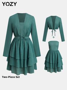 YOZY Two-Piece Set Women's Solid Tiered Layer Ruffle Tube Dress & Tie Front Crop Outwear, Casual Fashion Cozy Two Piece Outfits for Daily Outdoor Wear, Women Clothes for Fall & Winter