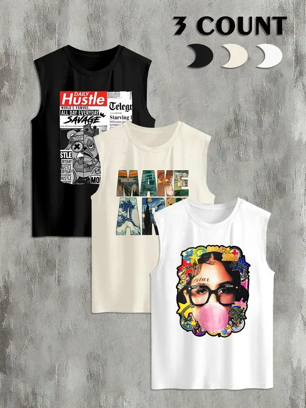 Men's Cartoon Print Tank Top, Regular Fit Casual Sleeveless Round Neck Top for Summer, Men's Top for Daily Wear, Socks 0