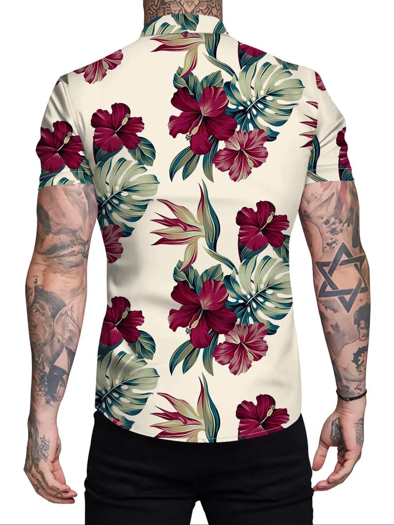 Product Introduction of Men's Floral Print Button Front Shirt, Regular Fit Casual Short Sleeve Pocket Collar Top for Summer, Fashion Men's Clothes for Beach Vacation 9