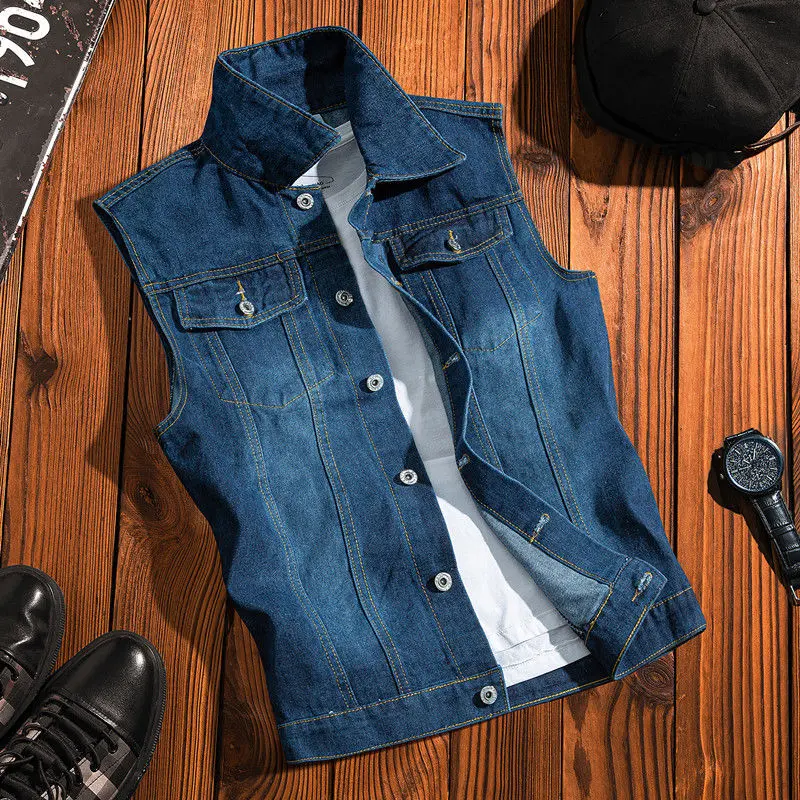 Quần áo bảo hộ lao động retro phong cách Hồng Kông, áo vest denim nam, thanh thiếu niên, rộng rãi, giản dị, đường phố, Thương Hiệu Thời Trang , áo ba lỗ không tay, áo khoác 4