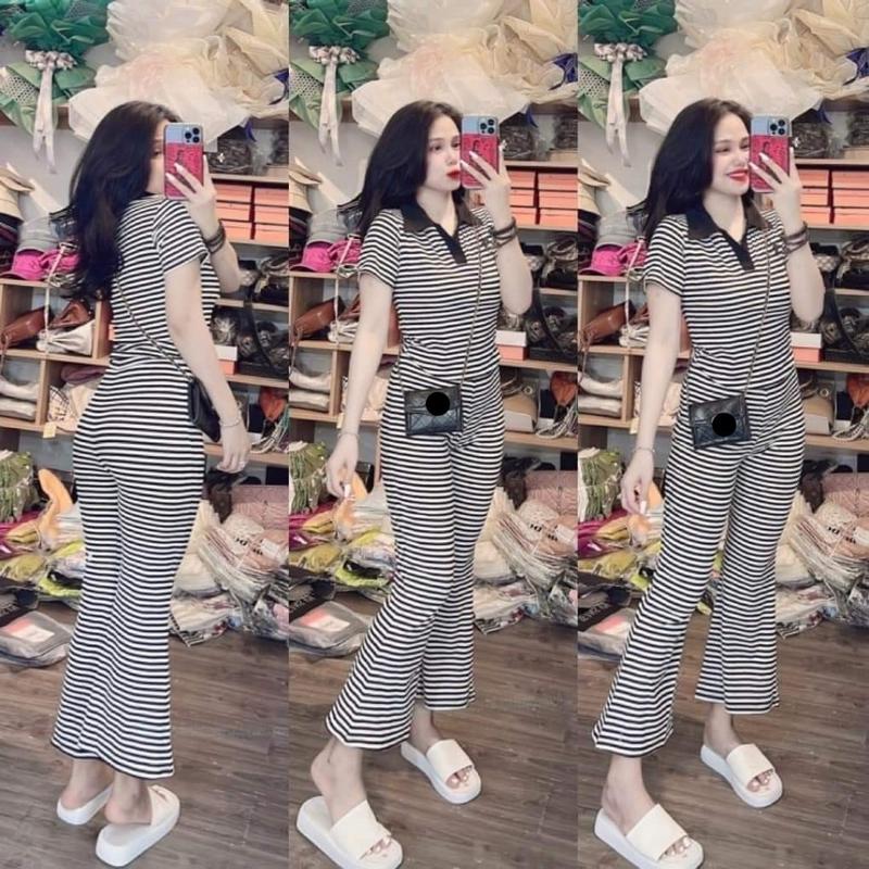 Sét bộ sọc chất thun gân áo cổ lật vạt bầu phối quần dài ống loe có túi Top Women Sọc Kẻ