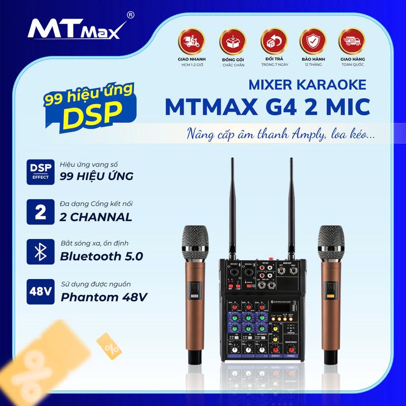MTMAX Bàn Trộn Mixer G4  2 Mic USB Có Bluetooth 5.0 Chuyên Dùng Phát Trực Tiếp, Karaoke Gia Đình