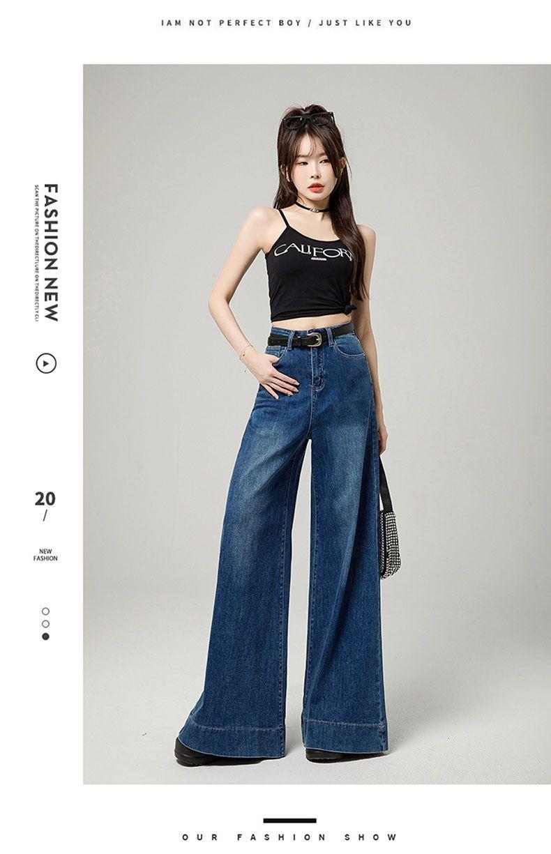 Product Introduction of Quần Jean Xanh Cổ Điển Co Giãn, Dáng Ôm Và Cao, Phong Cách Đi Lại, Hàng Mới Về Mùa Xuân, Quần Ống Rộng, Quần Sàn Xếp Nếp, Dành Cho Nữ 4