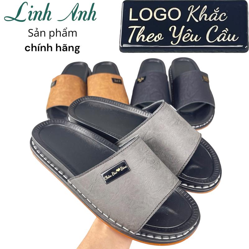 Dép lê, dép nam quai ngang da bò màu xám khói , logo khắc tên theo yêu cầu, đế cao su non khâu dế chắc chắn (mã sp: BM-01)