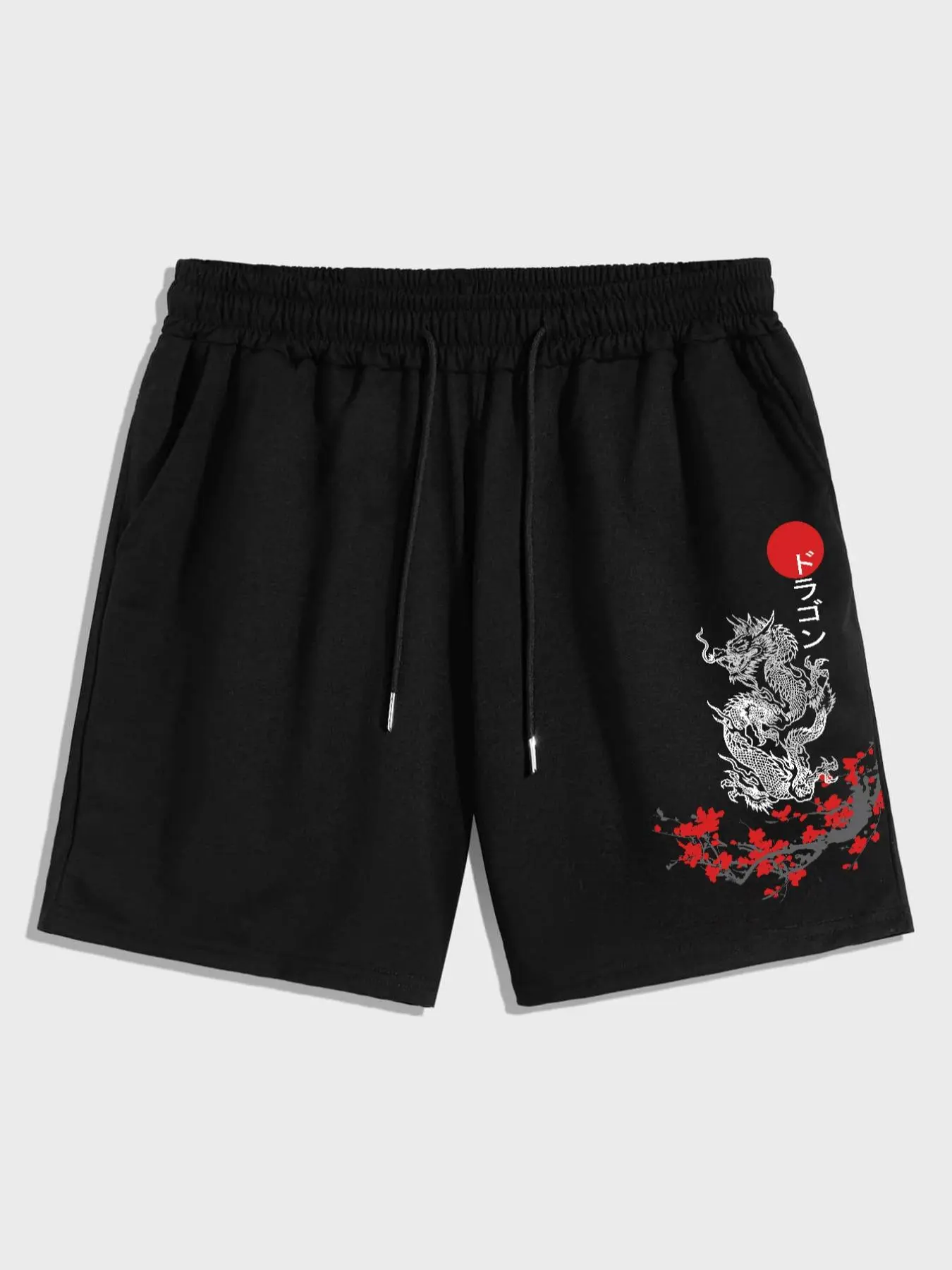 Men's Regular Fit Dragon & Floral Print Drawstring Shorts, Casual Elastic Waist Pocket Track Shorts for Daily Outdoor Wear, Men's Bottoms for All Seasons