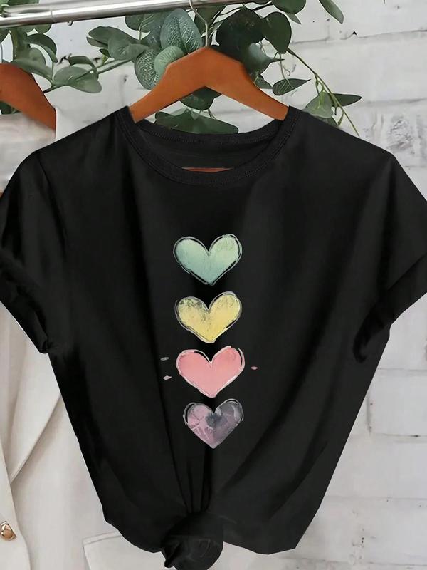 Women's Heart Print Round Neck Graphic Tee, Vintage Trendy Casual Short Sleeve T-shirt For Daily Wear, Ladies Summer Outfit Valentine's Day, gift 4