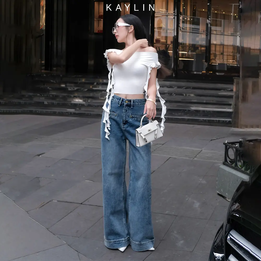 Quần Jean KAYLIN form suông ống loe chất vải denim mềm dầy dặn phong cách - N2256 Nữ Women Pants