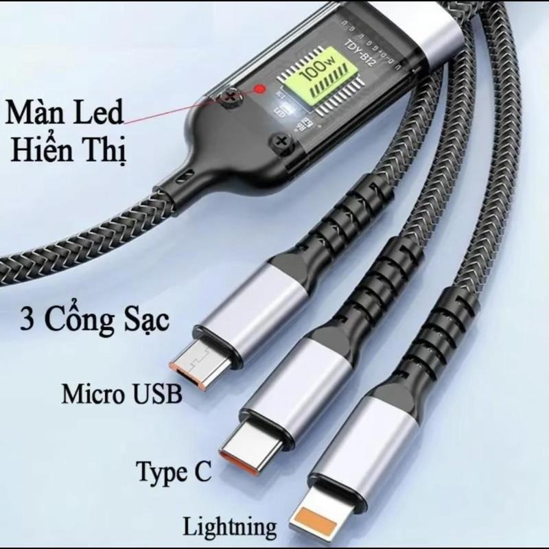 Cáp Sạc Nhanh 3 Đầu 100W - Dài 1.2m - Dây Sạc 3 Trong 1 Chống Đứt, Chống Rối. Cáp sạc điện thoại, Dây sạc 3in1 Phụ Kiện 1