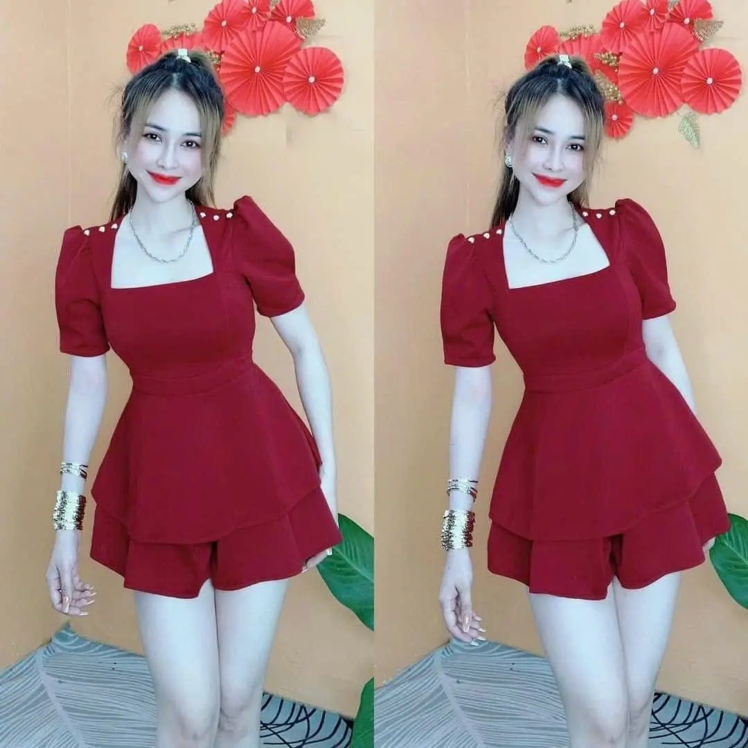 Mã D202.  Set Thun 2da áo xoè đính nút vai, quần giả váy- Nữ