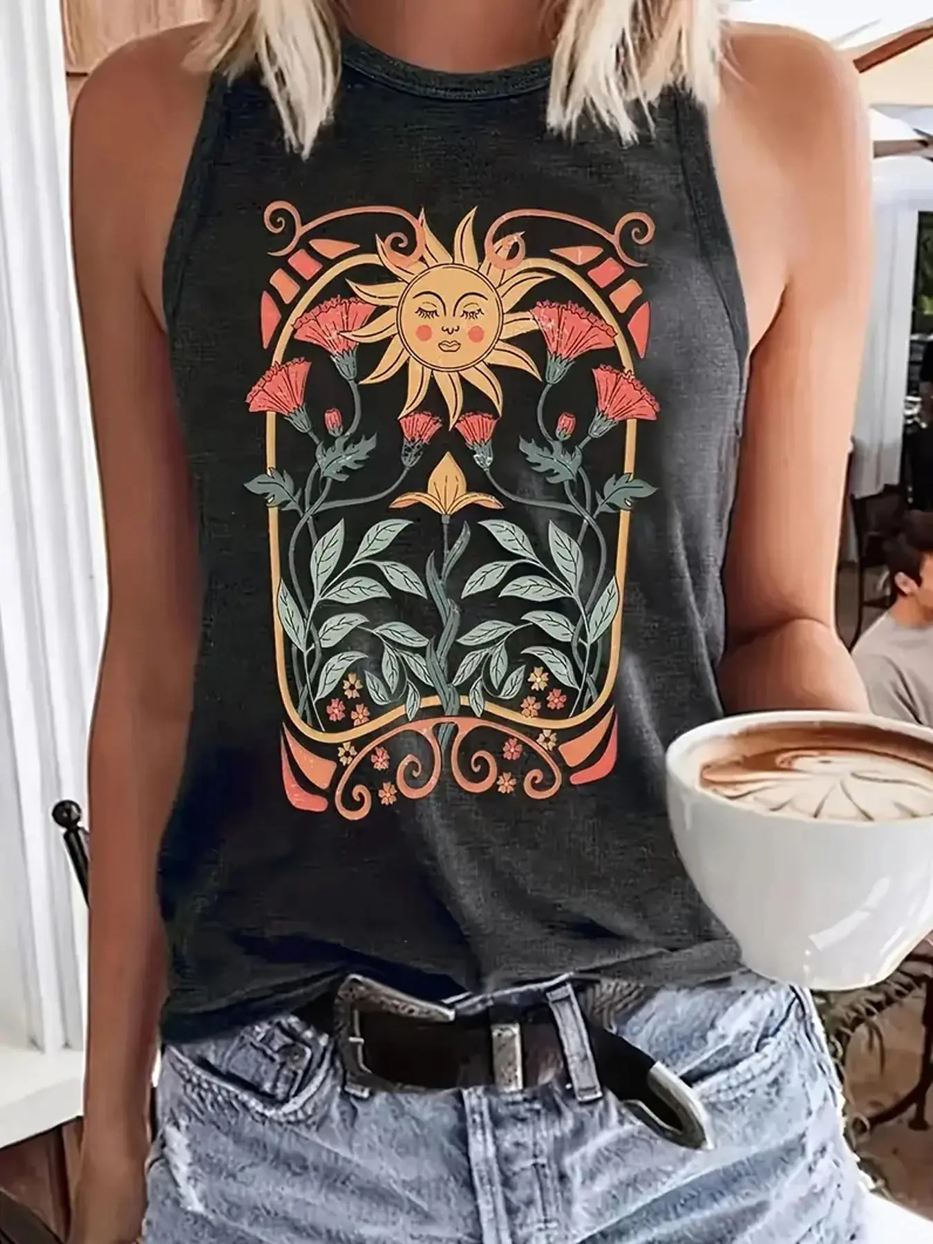 Women's Floral & Sun Print Round Neck Tank Top, Casual Classy Elegant Boho Sleeveless Crew Neck Top for Summer, Ladies Clothes for Daily Wear, Going Out Tops