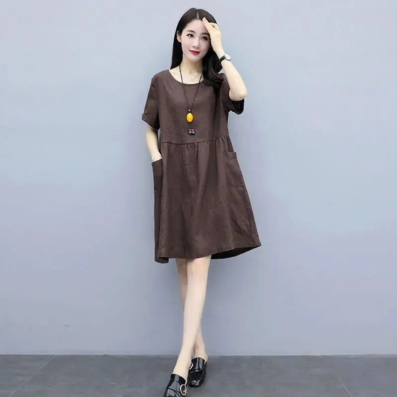 Váy Vải Lanh Và Cotton, Hàng Mới Về Mùa Hè 2024, ngắn Tay, Dành Cho Phụ Nữ Trung Người Già Và Cao Tuổi, Ngoại Cỡ, Dáng Rộng Vừa Vặn, Mỏng Vừa Vặn, Che Bụng Women Dress