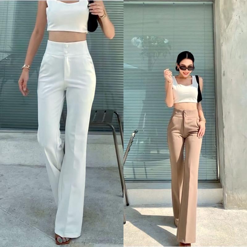PROMTTHONG PANTS DAN JUMBO CELANA WANITA Kancing Karet Panjang  Scuba  Kulot  Basic  Casual  Kerja  Tebal  Kantor Hitam 1