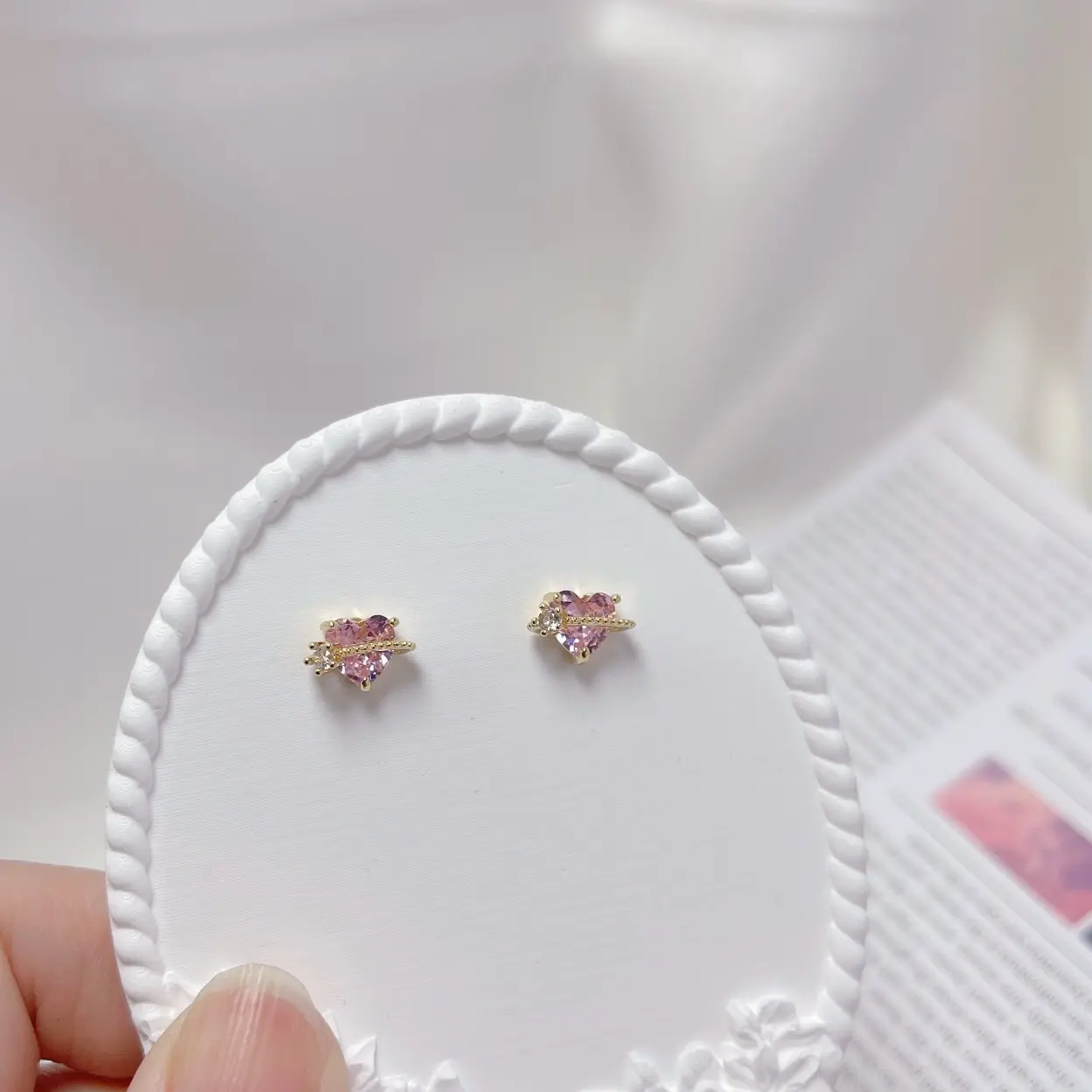 925 silver stud elegant pink heart earrings  DX03