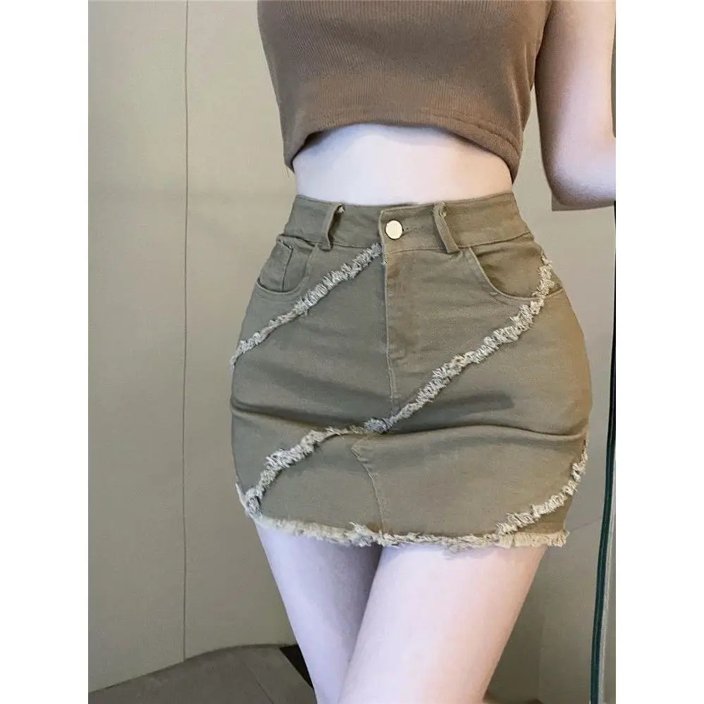 2024 American Retro High Waist Raw Hem Denim Skirt Slimming Sheath Short Skirt Women's Summer New All-Matching Fried Street Skirt