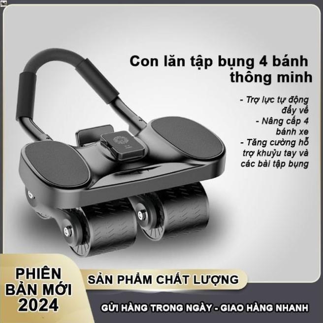 Con lăn tập bụng 4 bánh thế hệ mới phiên bản 2024 - có trợ lực - có đồng hồ + tặng kèm thảm gối 20x30cm dung cu tap bung Cao Su