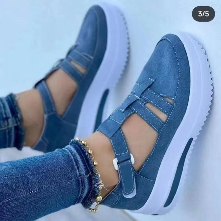 Product Introduction of 2023 Summer New Plus Size Women's Wedge Thick Sole Casual Shoes Solid Color Hollow Breathable Velcro Casual Shoes 8