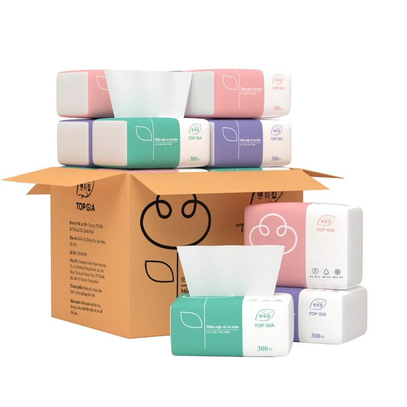 Thùng giấy ăn rút 30 gói 3 màu cao cấp Top Gia 4 lớp dày dặn, mềm mịn,Giấy ăn gấu trúc 300 tờ/4 lớp Cho bé, Voi, khăn giấy ướt