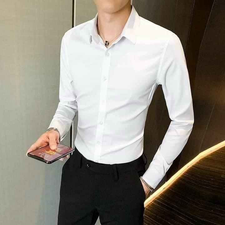 Áo sơ mi nam trơn chất vải lụa tay dài cổ bẻ gài nút thoáng mát NLyn-store- SM Menswear Trắng