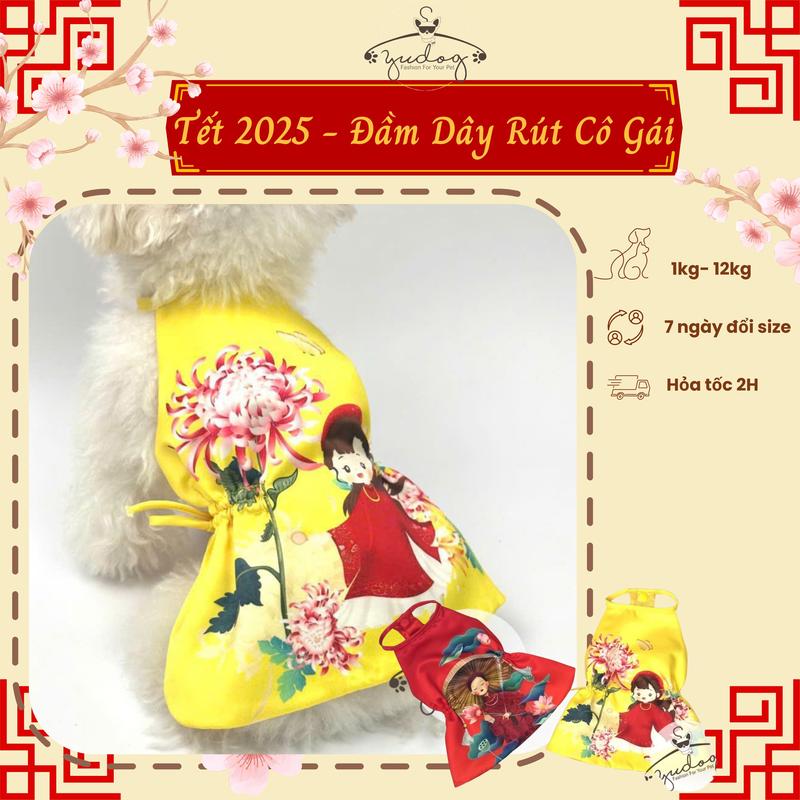 TẾT 2025 - Đầm Dây Rút Cô Gái YuDog Dành Cho Thú Cưng 0