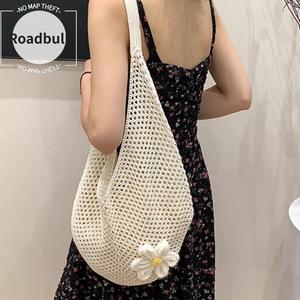 ROADBULL夏の新しいしい大容量ビーチリゾートニットバッグ,お花の幹の個性的ななな透かし彫刻りショルダーバッグ,多目的の編み込みレディーストートバッグ