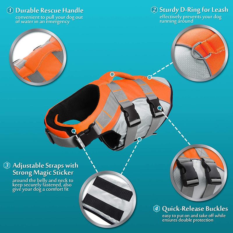 Product Introduction of Dog Life Jacket Pet Safety Rescue Swimsuit Dog Surfing Swimming Clothes Summer Vacation Oxford Breathable Bulldog Safety Clothes 26