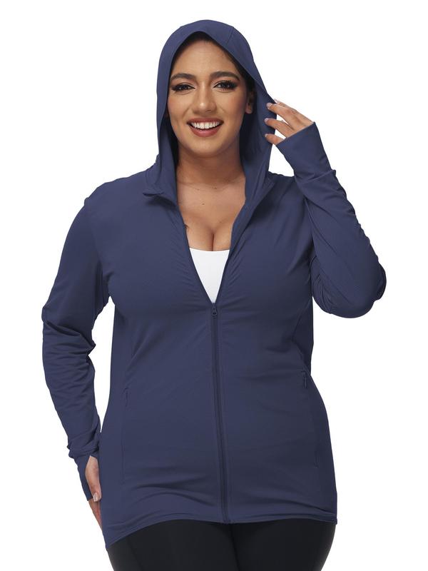 Women's Plus Size Solid Thumb Hole Design Zip Up Sports Jacket, Casual Long Sleeve Outerwear for Outdoor Workout Running, Pickleball Clothes, Tennis Outfits, Ladies Sportswear for All Seasons 5