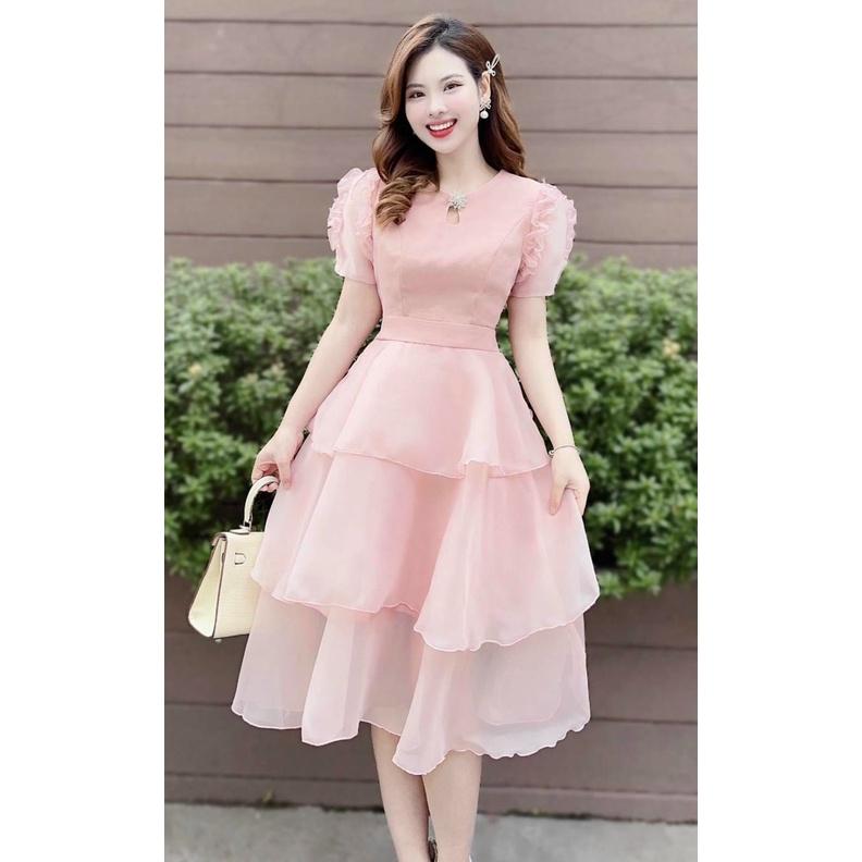 [3.3 Sales Freeship] Đầm công chúa, đầm voan xòe 3 tầng cổ tròn tay phồng, đầm hồng xòe đi cưới đi tiêc sang chảnh dx Nữ WomenTOP 0