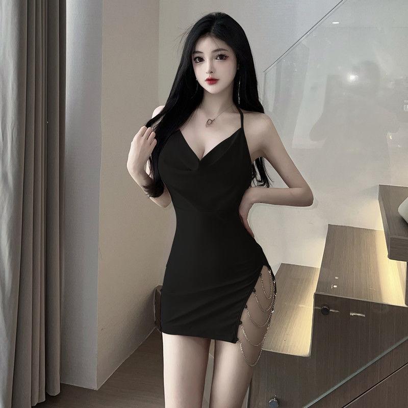 Váy Ngắn Cổ Yếm Dành Cho Nữ, Thời Trang Mới, Thiết Kế Dây Chuyền Hở, Phong Cách Bodycon Váy Ngắn Có Dây Đeo Ren, Hở Lưng, Bộ Xẻ Tà, Đồ Ngủ, Đồ Mặc Ở Nhà, Kim Cương Lấp Lánh, Dây Đeo Xẻ Bên, Hở Lưng, Váy Bodycon Gợi Cảm, Bộ Đồ Dress Đầm Ngủ Váy Ngủ Khuy Mà 2