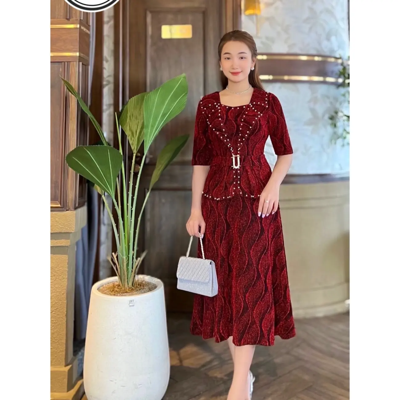 Đầm Đi Tiệc Mã HL396 Dáng Lững Cổ Giả Vest Chất vải Thun kim sa ánh nhũ từ 45kg đến 75kg Women Dress Nữ Kim Tuyến ophelia lụa