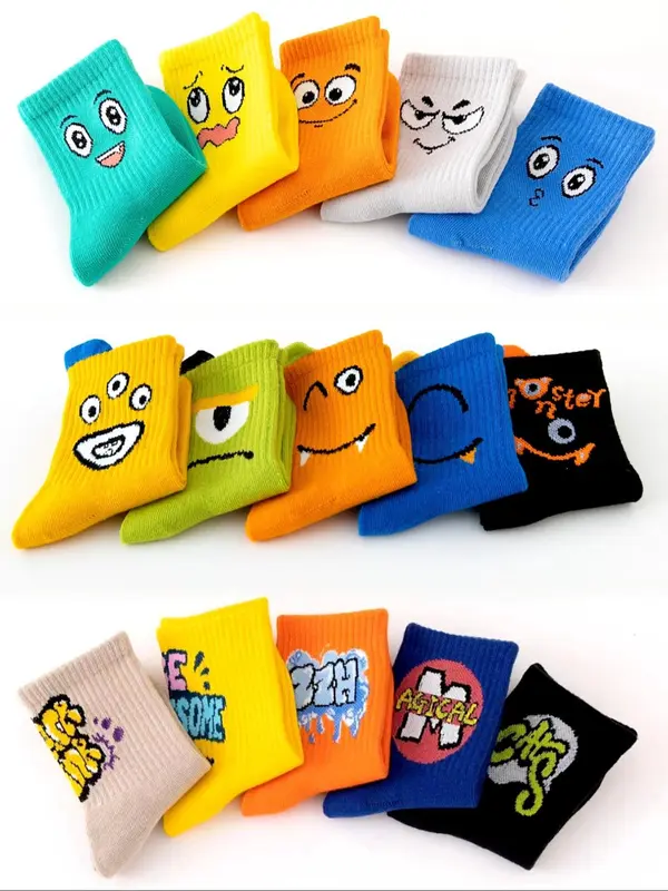 Boys' Cartoon Face & Letter Print Calf Socks, Casual Cute Comfy Breathable Fashion Mid-calf Socks for Daily Wear, Kids Socks for All Seasons, Casual Stylish Socks 1