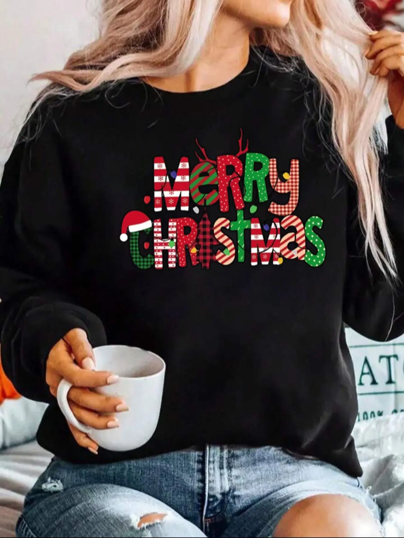 【Plus Size】 Christmas Letter Print Drop Shoulder Sweatshirt, Casual Long Sleeve Round Neck Pullover for Daily Wear, Women's Clothing for Fall & Winter