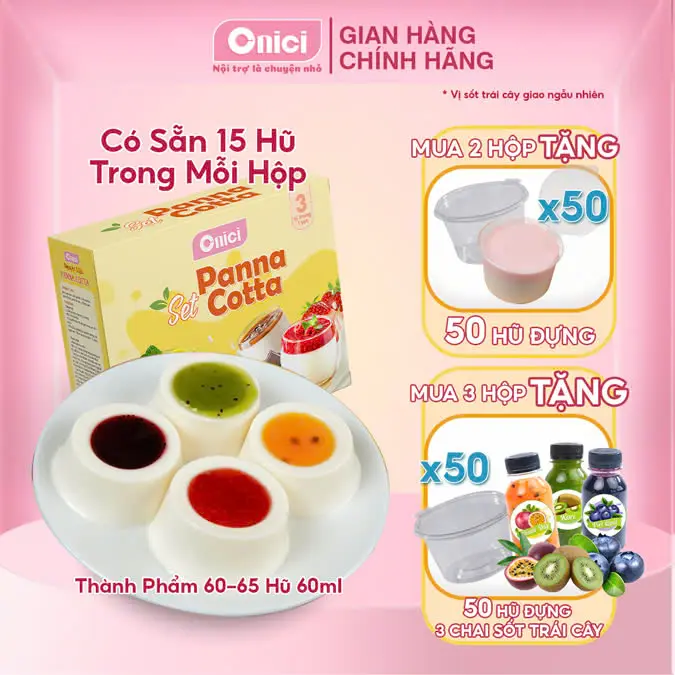 Set nguyên liệu Panna Cotta Bếp Của Mẹ Onici sẵn 5 vị sốt dâu, đào, socola, kiwi, chanh dây [set Panna Cotta nấu được 60-65 hũ 60ml/hũ)] - kèm công thức nấu 0