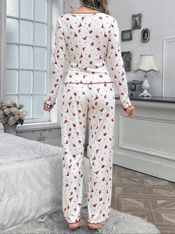 Two-piece Set Women's Ditsy Floral Print Pyjama Set, Comfort Pj Set for Homewear, Casual Comfy Long Sleeve Top & Pants Pajama Set, Women's Sleepwear for All Seasons 5