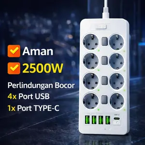 2500W Charger USB + (4 USB + 1 Type-C) + 3/6/8 Colokan Stop Kontak  Power Strip Socket Elektrik Kabel 2M 3M 5M
